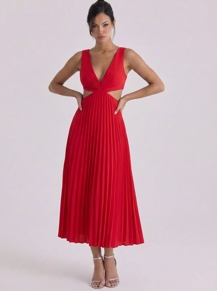 Oighrig | Satin Pleated Cutout Midi Dress