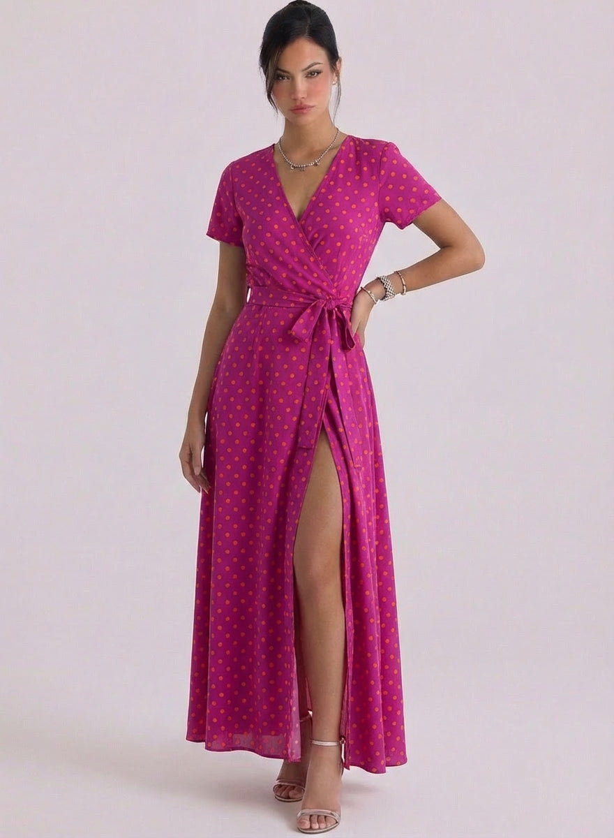 Labhaoise | Satin Polka Dot Wrap Maxi Dress Short-Sleeve Tie Waist High-Slit
