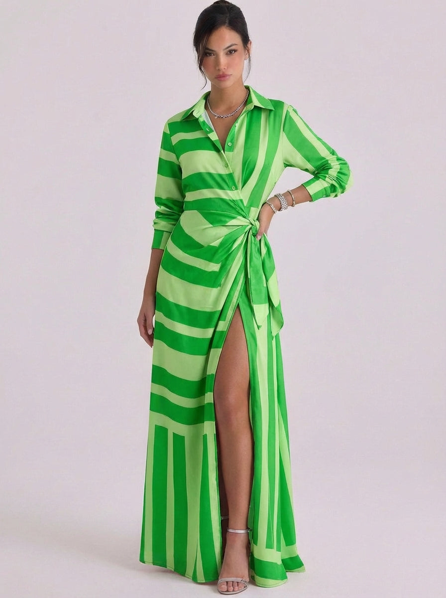 Seumas | Satin Stripe Print Collar Wrap Maxi Dress Long-Sleeve High-Slit
