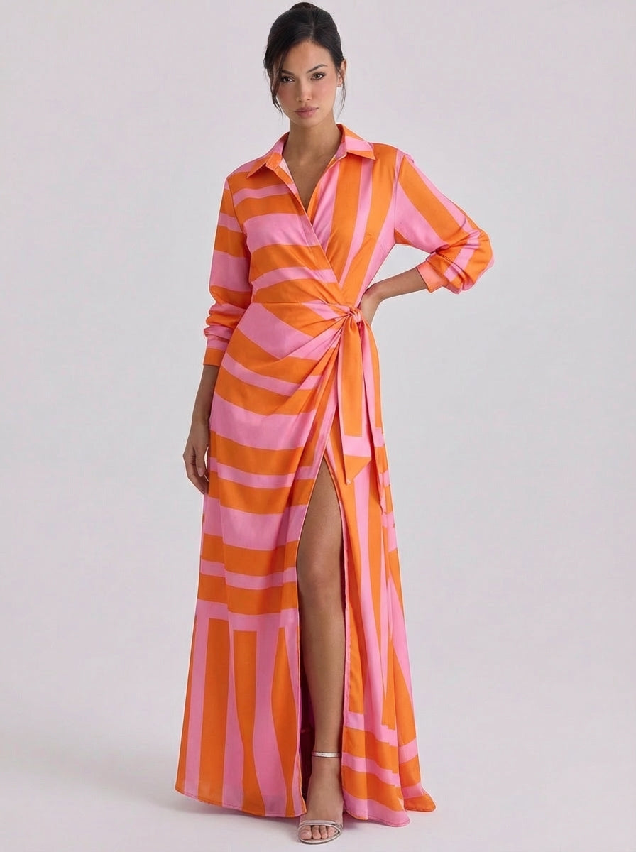 Seumas | Satin Stripe Print Collar Wrap Maxi Dress Long-Sleeve High-Slit