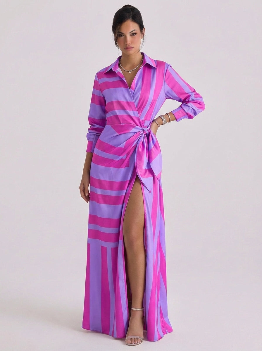 Seumas | Satin Stripe Print Collar Wrap Maxi Dress Long-Sleeve High-Slit