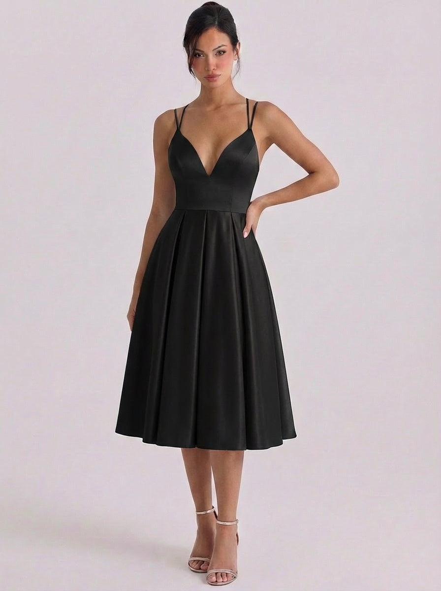Raonaid | Satin Sweetheart Neckline Fit And Flare Dress Pleated Skirt Double Strap