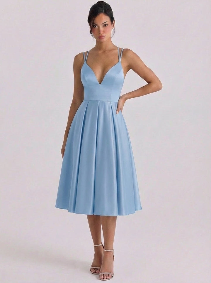 Raonaid | Satin Sweetheart Neckline Fit And Flare Dress Pleated Skirt Double Strap