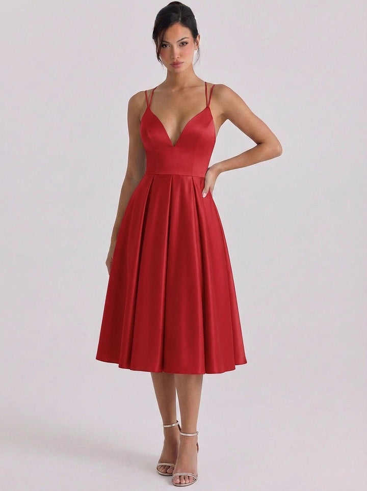 Raonaid | Satin Sweetheart Neckline Fit And Flare Dress Pleated Skirt Double Strap