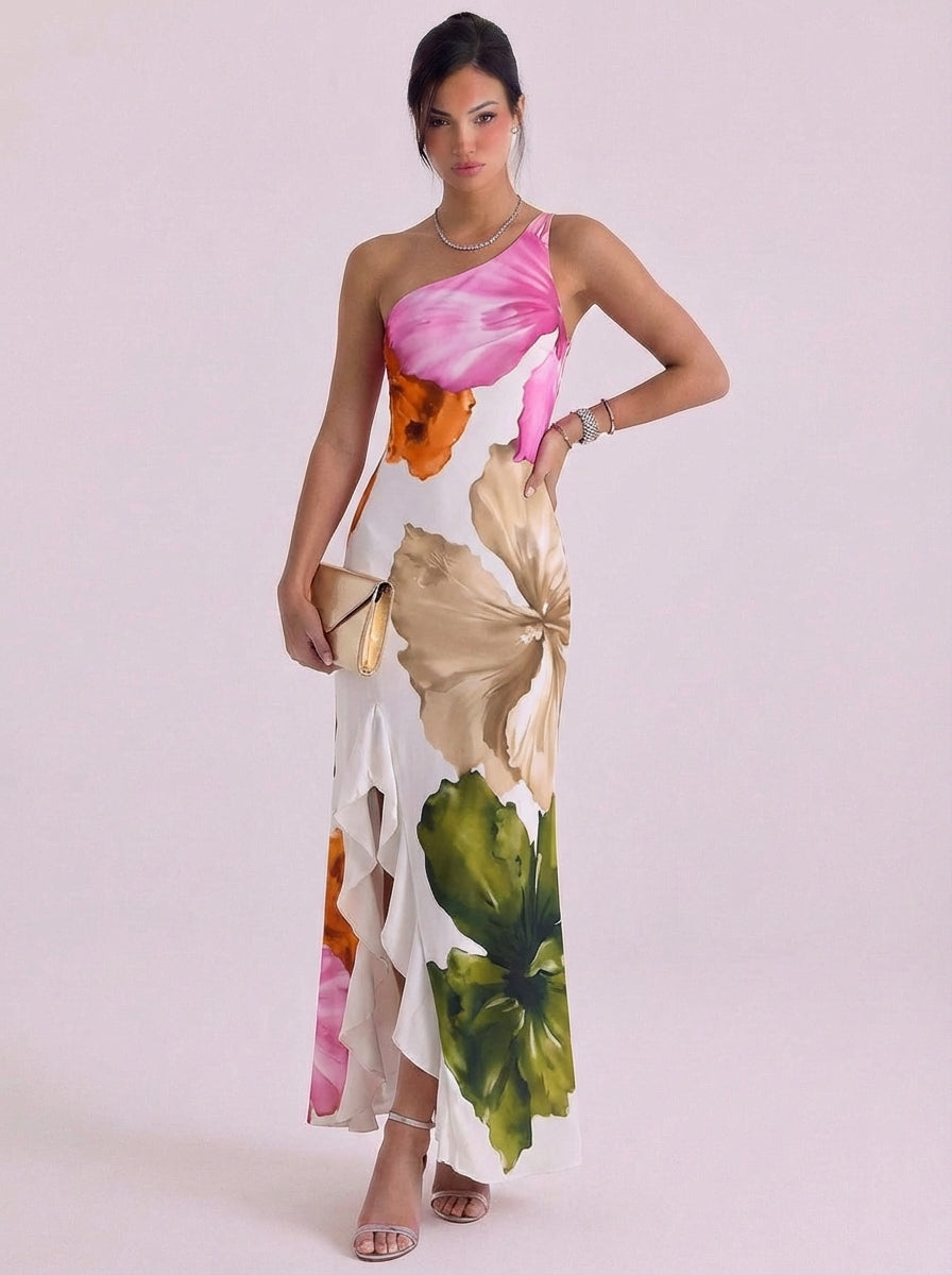 Saoirse | Satin Watercolor Print One-Shoulder Maxi Dress Asymmetric