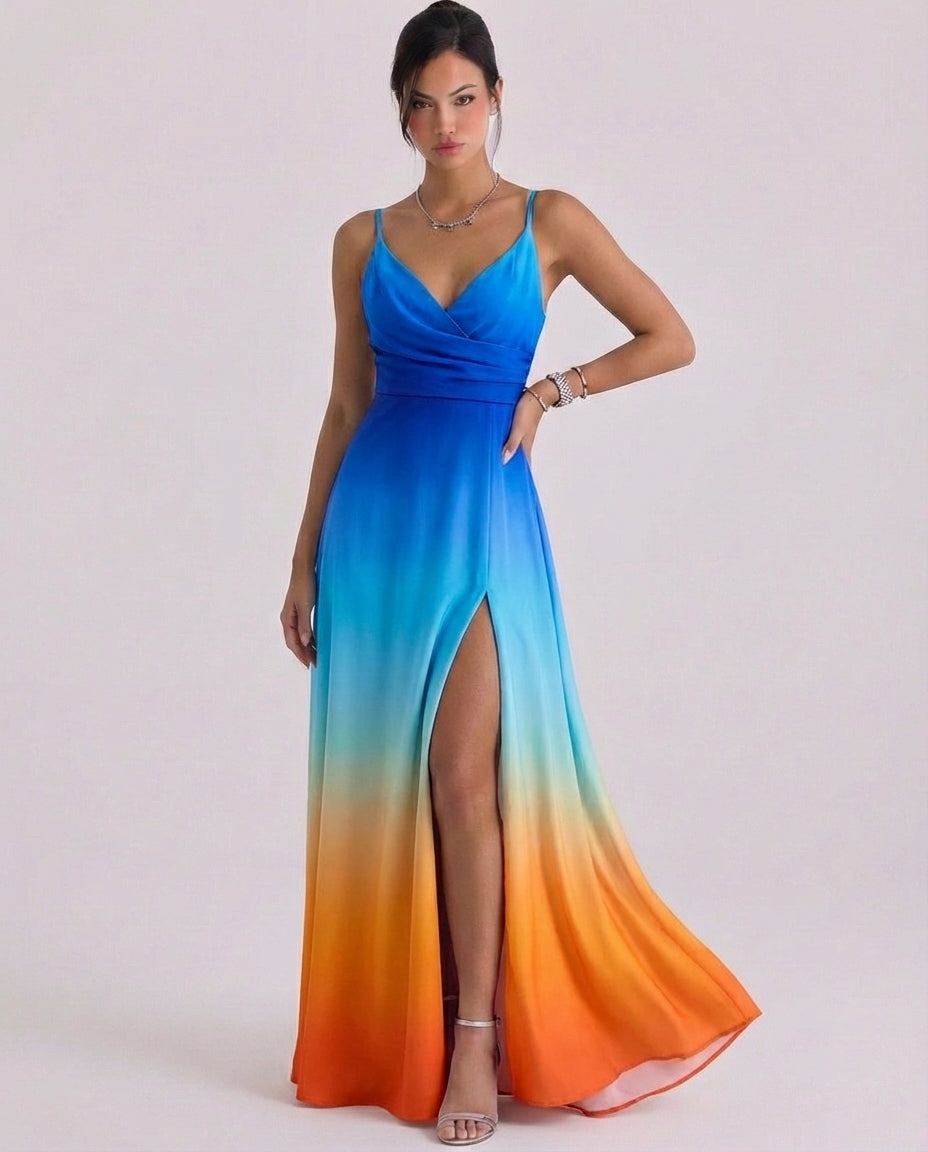 Gobnait | Satin Wrap Maxi Dress High-Slit Cami Strap