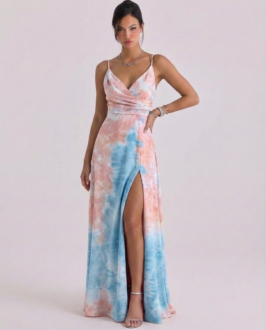 Gobnait | Satin Wrap Maxi Dress High-Slit Cami Strap
