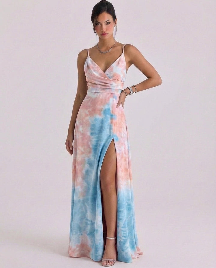 Gobnait | Satin Wrap Maxi Dress High-Slit Cami Strap