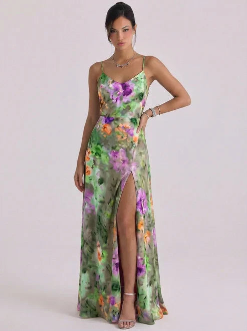 Sorcha | Satin Wrap Floral Maxi Dress High-Slit Cami