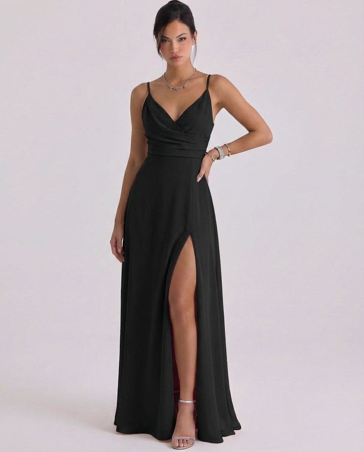 Gobnait | Satin Wrap Maxi Dress High-Slit Cami Strap