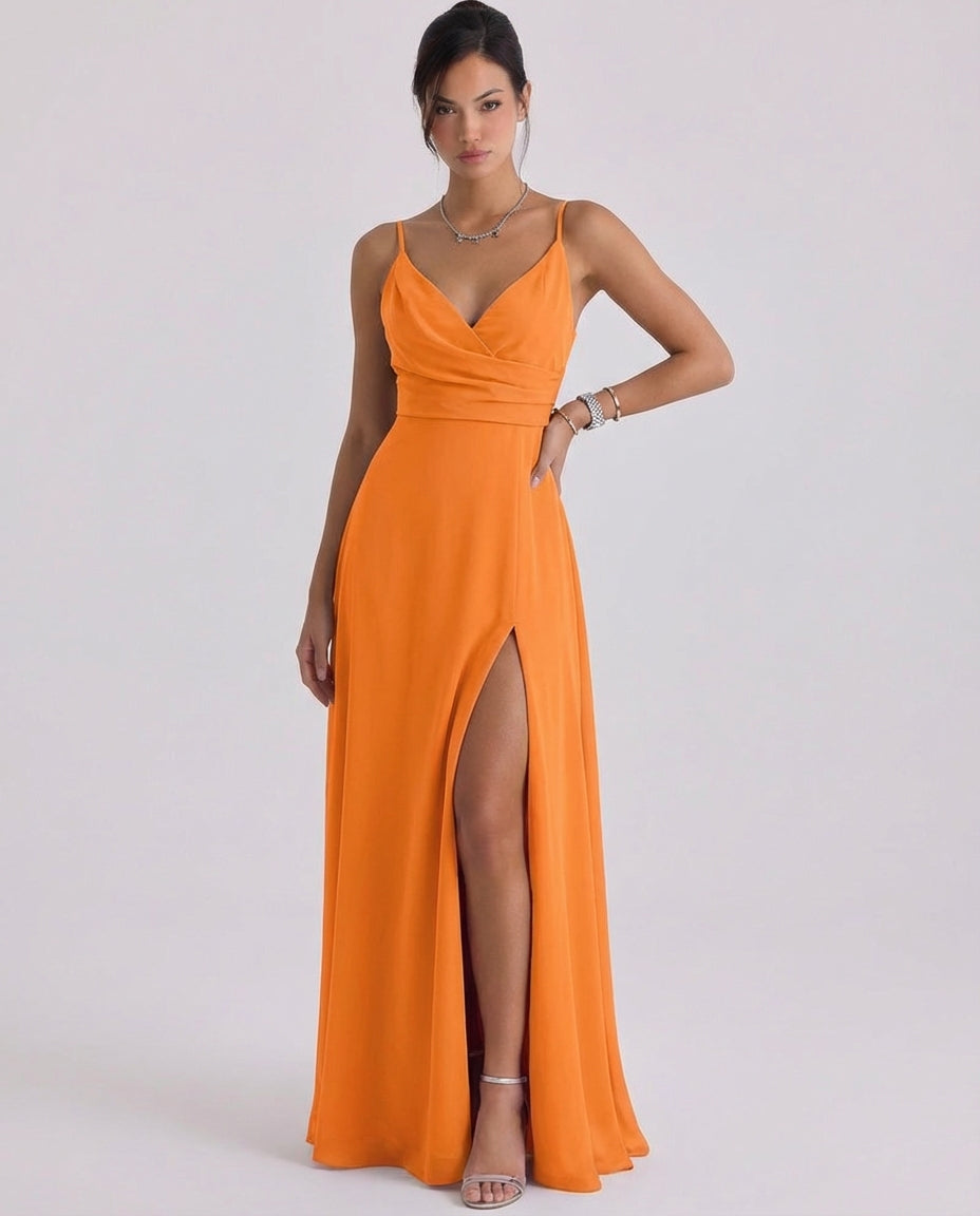 Gobnait | Satin Wrap Maxi Dress High-Slit Cami Strap