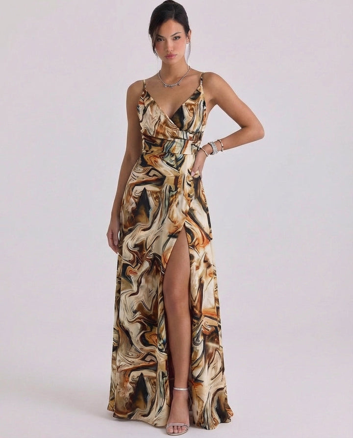 Gobnait | Satin Wrap Maxi Dress High-Slit Cami Strap
