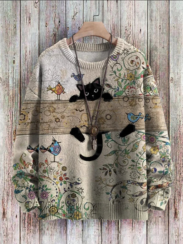 Blossom | Black Cat Flower Birds Pullover