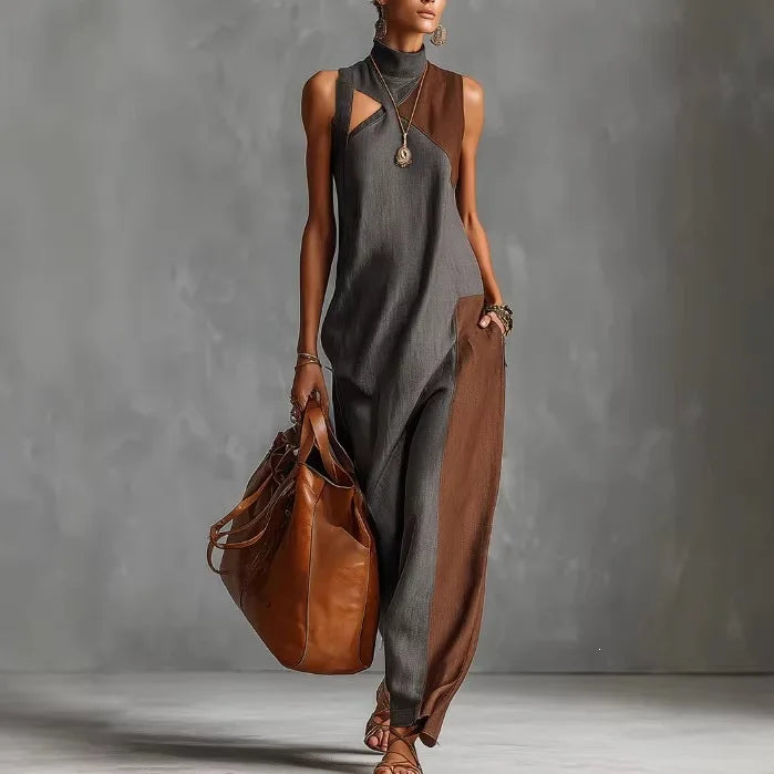 Violette | Retro Color Block Stand-Neck Maxi Dress