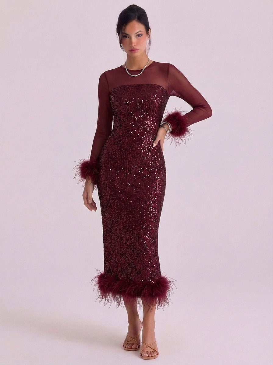 Uilleam | Sequin Feather Trim Midi Dress With Mesh