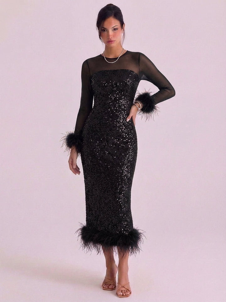 Uilleam | Sequin Feather Trim Midi Dress With Mesh