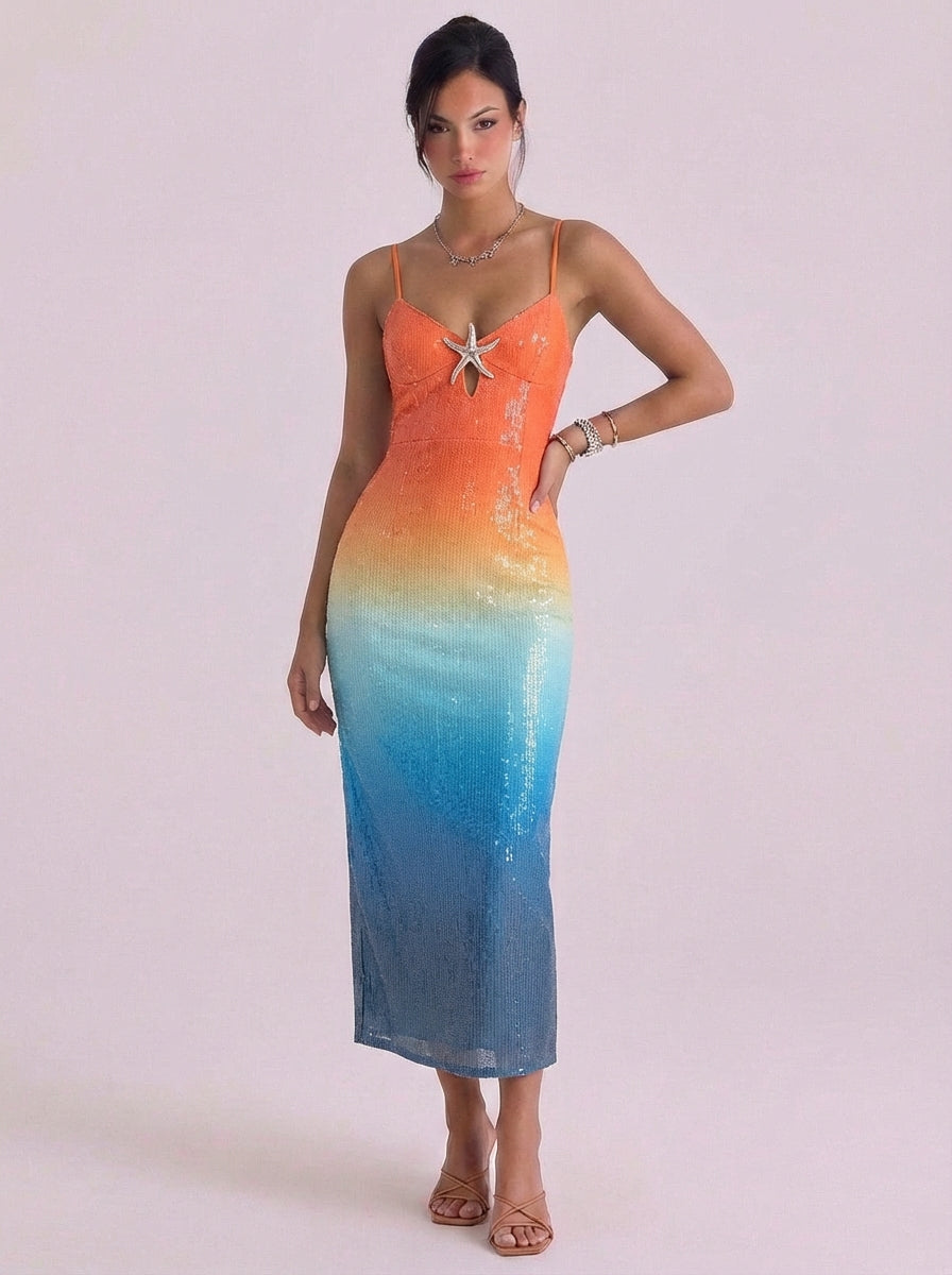 Phadraig | Sequin Ombre Slip Midi Dress With Starfish Detail