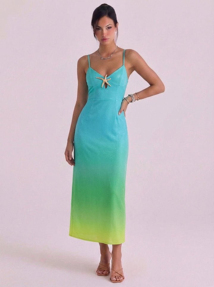 Phadraig | Sequin Ombre Slip Midi Dress With Starfish Detail