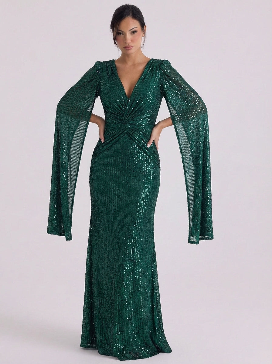Orla | Sequin Twist Front Maxi Gown Bell Sleeve