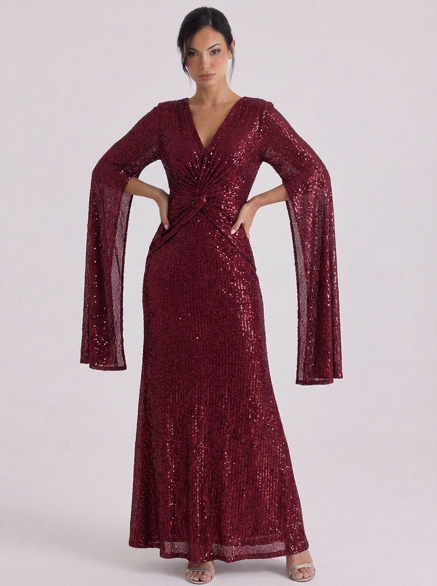Orla | Sequin Twist Front Maxi Gown Bell Sleeve