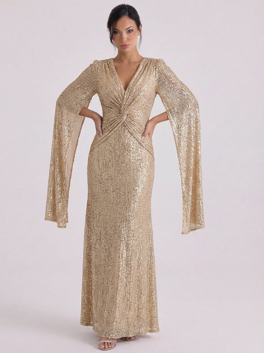 Orla | Sequin Twist Front Maxi Gown Bell Sleeve