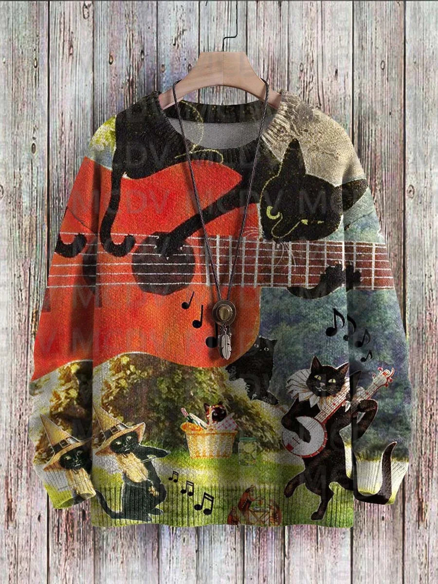 Frida | Artistic Cat Print Knit Pullover