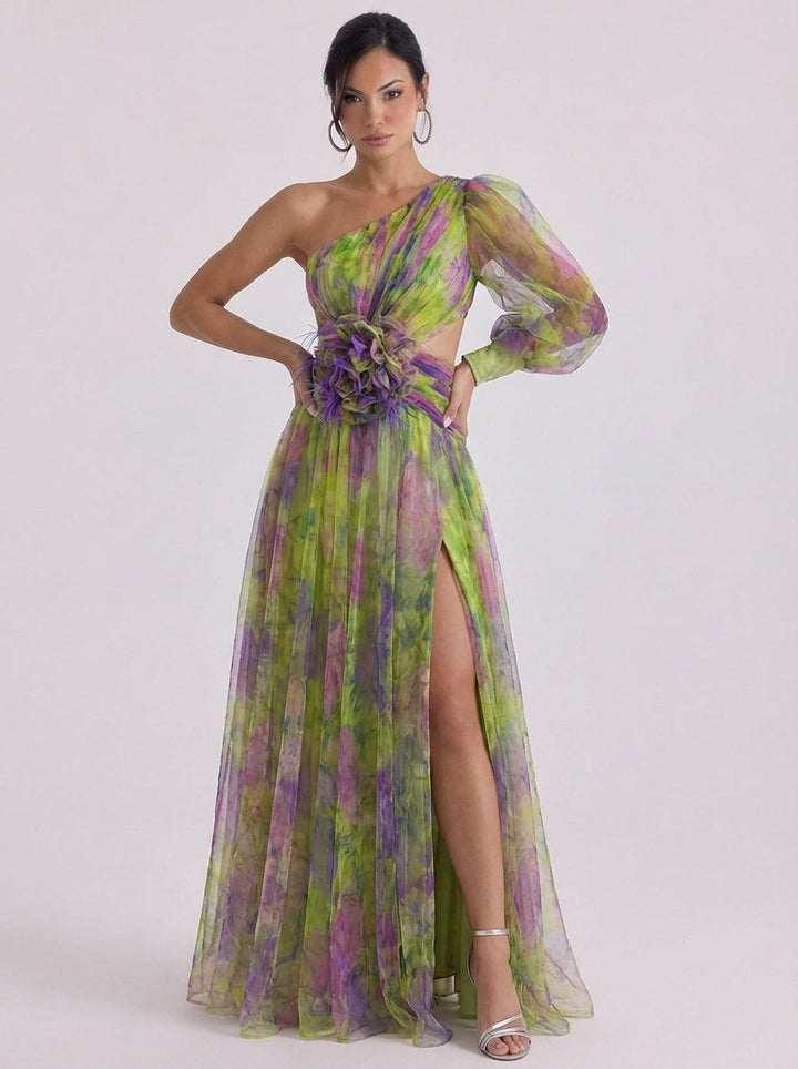 Lachlann | Tulle One-Shoulder Ombre Maxi Dress With Rosette Belt