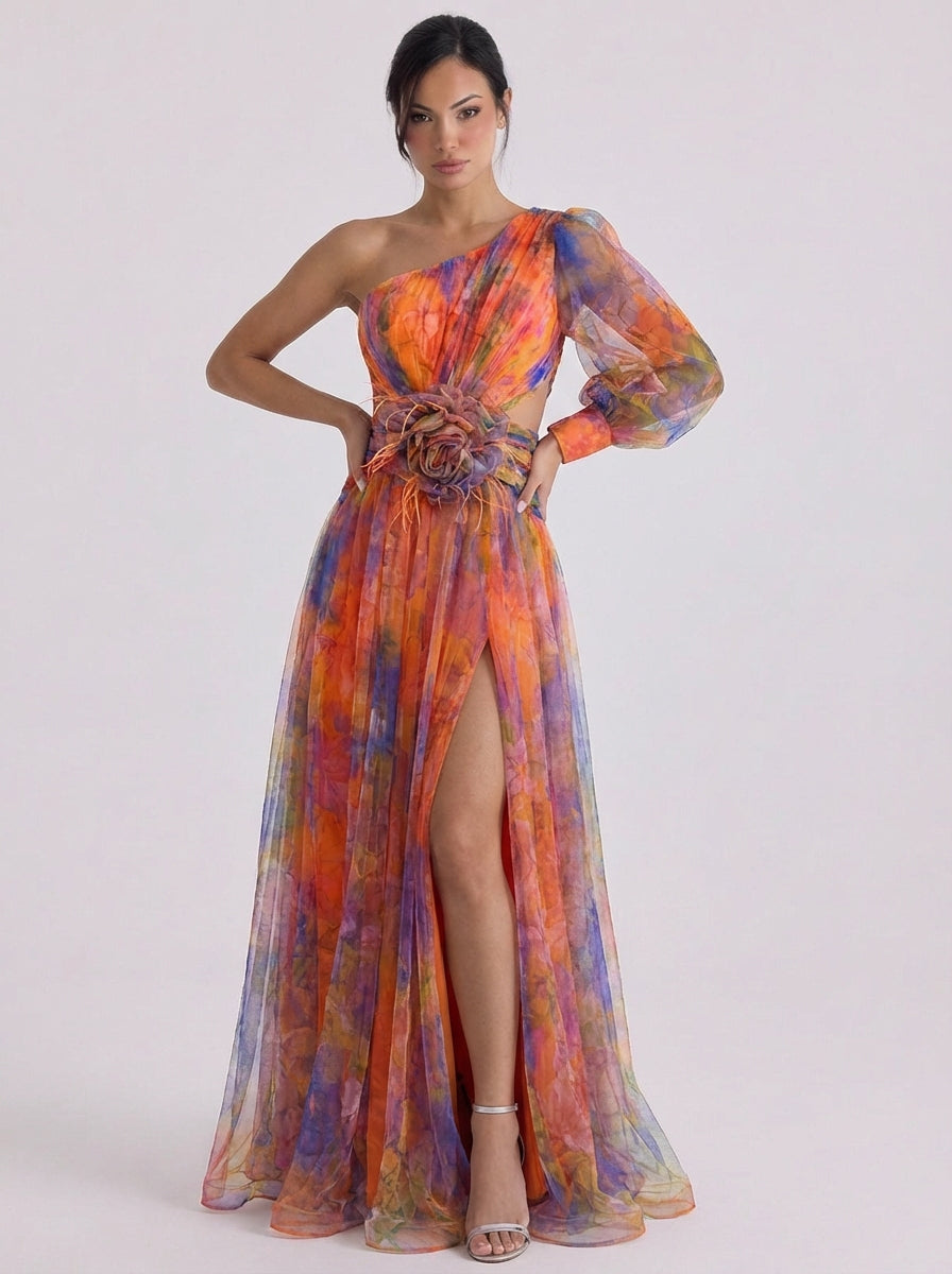 Lachlann | Tulle One-Shoulder Ombre Maxi Dress With Rosette Belt
