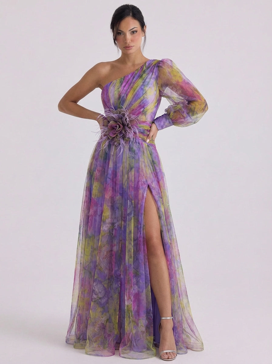 Lachlann | Tulle One-Shoulder Ombre Maxi Dress With Rosette Belt