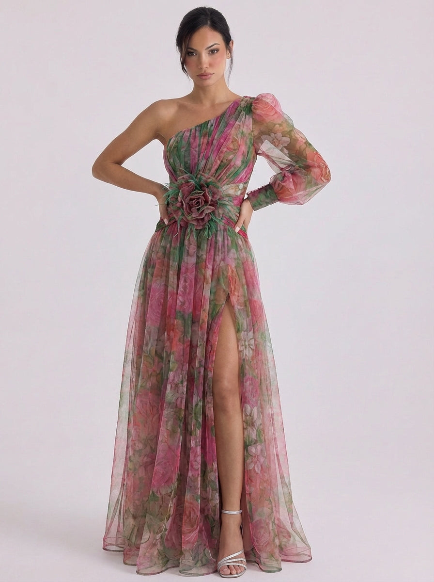 Lachlann | Tulle One-Shoulder Ombre Maxi Dress With Rosette Belt