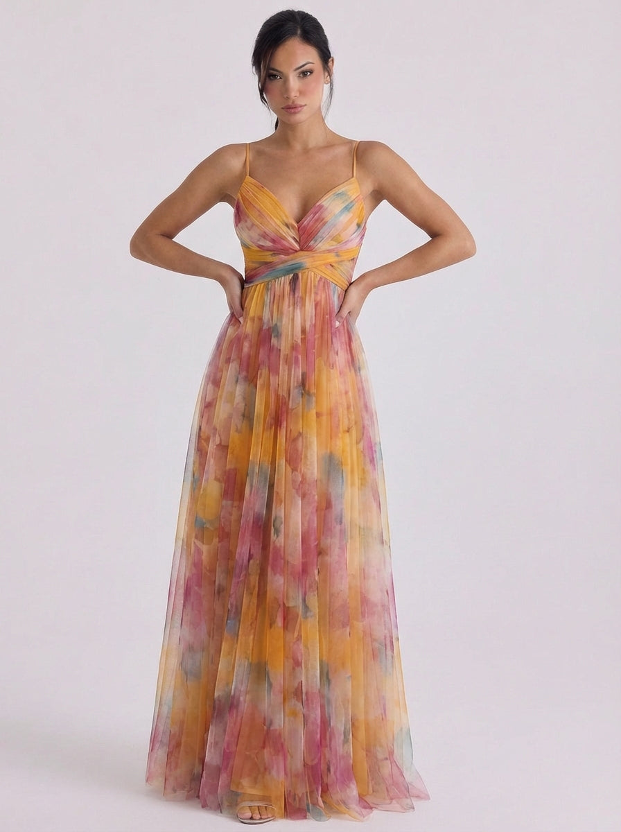 Aoife | Tulle Pleated Ombre Maxi Dress With Crisscross Waist