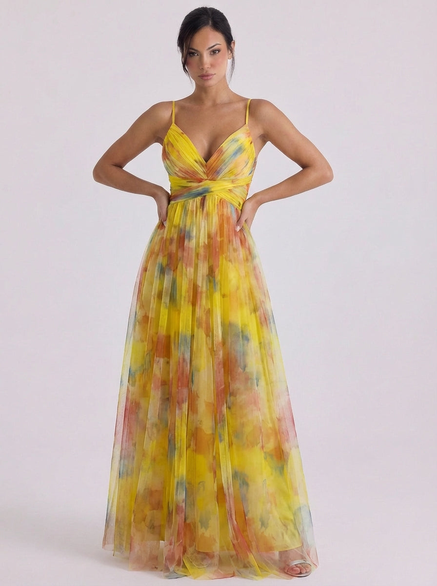 Aoife | Tulle Pleated Ombre Maxi Dress With Crisscross Waist