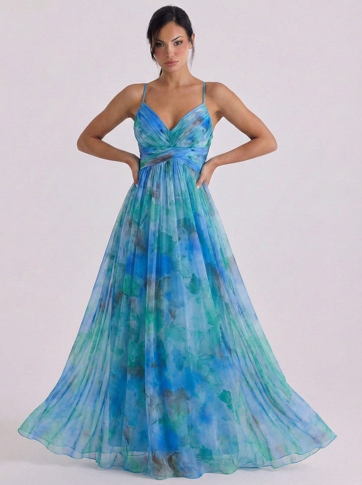 Aoife | Tulle Pleated Ombre Maxi Dress With Crisscross Waist