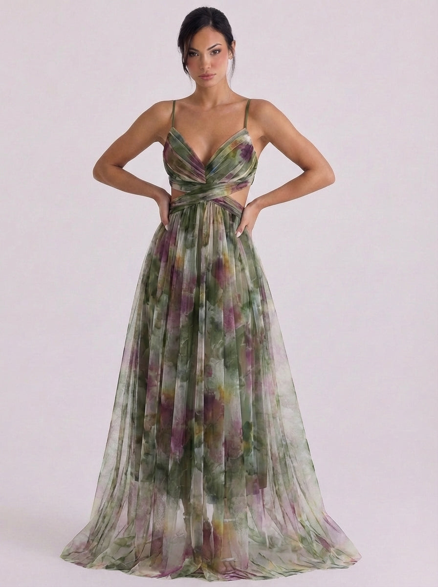 Aoife | Tulle Pleated Ombre Maxi Dress With Crisscross Waist