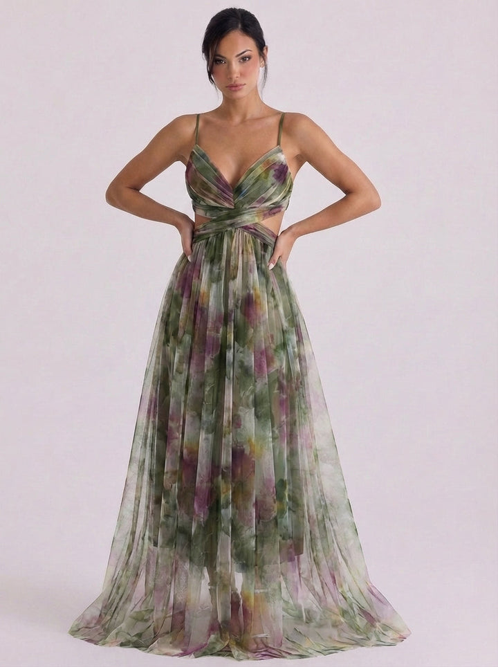 Aoife | Tulle Pleated Ombre Maxi Dress With Crisscross Waist