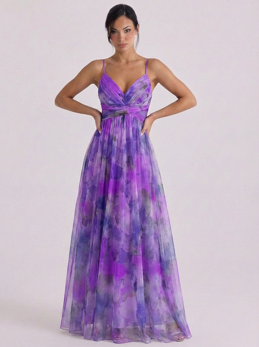 Aoife | Tulle Pleated Ombre Maxi Dress With Crisscross Waist