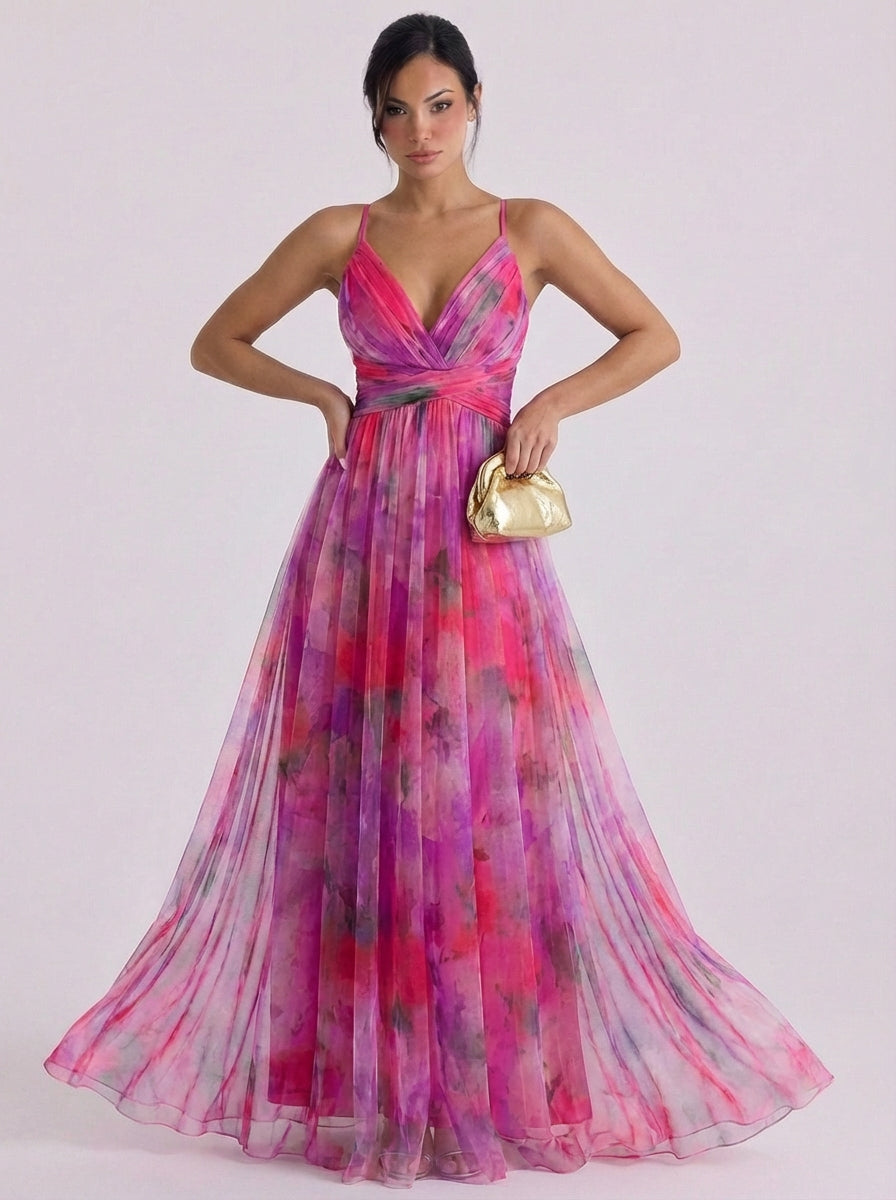 Aoife | Tulle Pleated Ombre Maxi Dress With Crisscross Waist