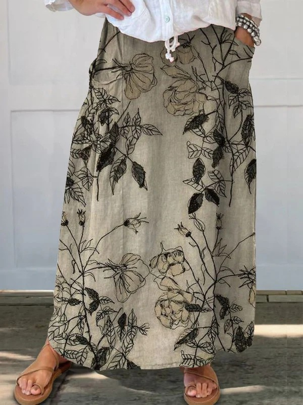 Kisses | Khaki Retro Floral Skirt