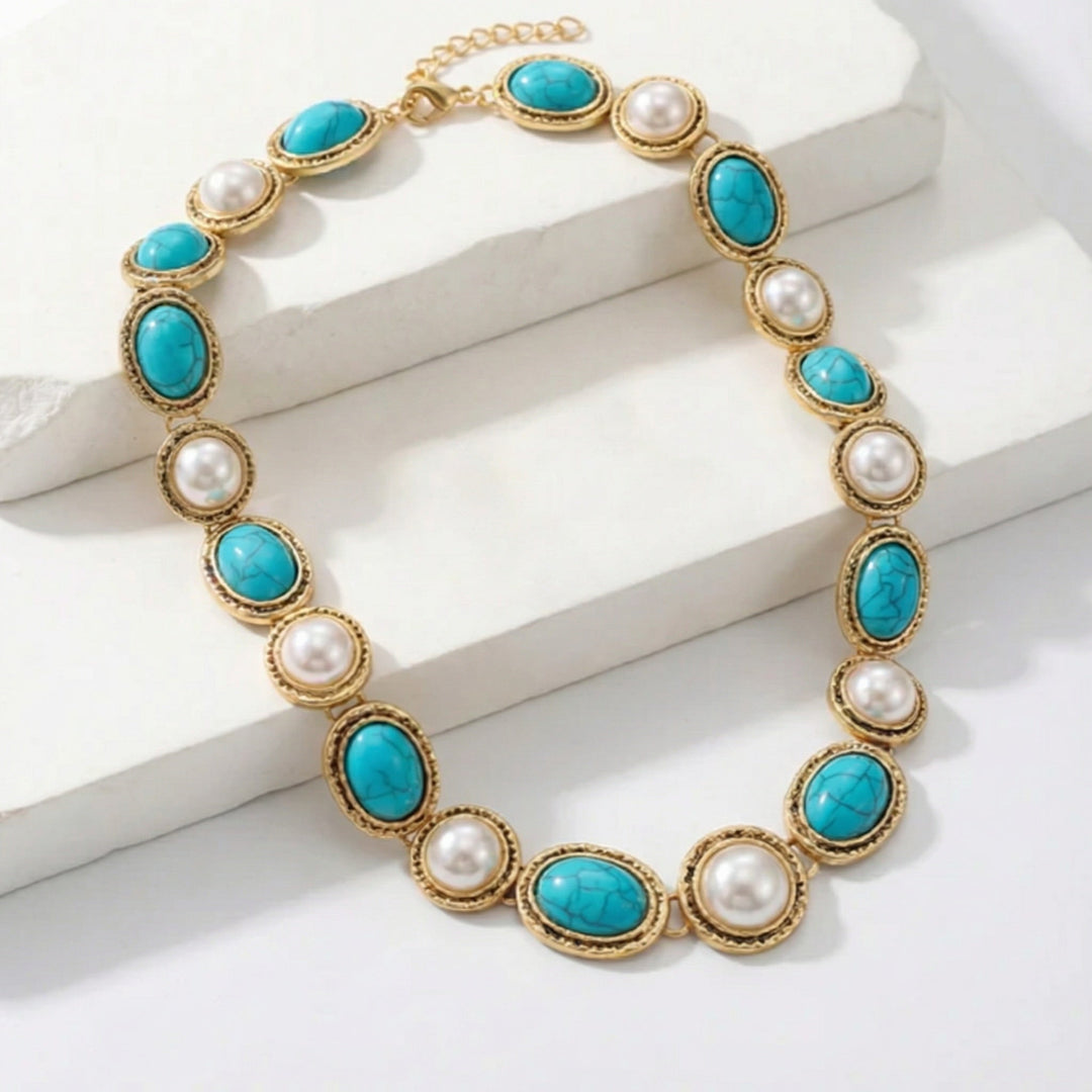 Turquoise & Pearl Antique Gold Statement Set
