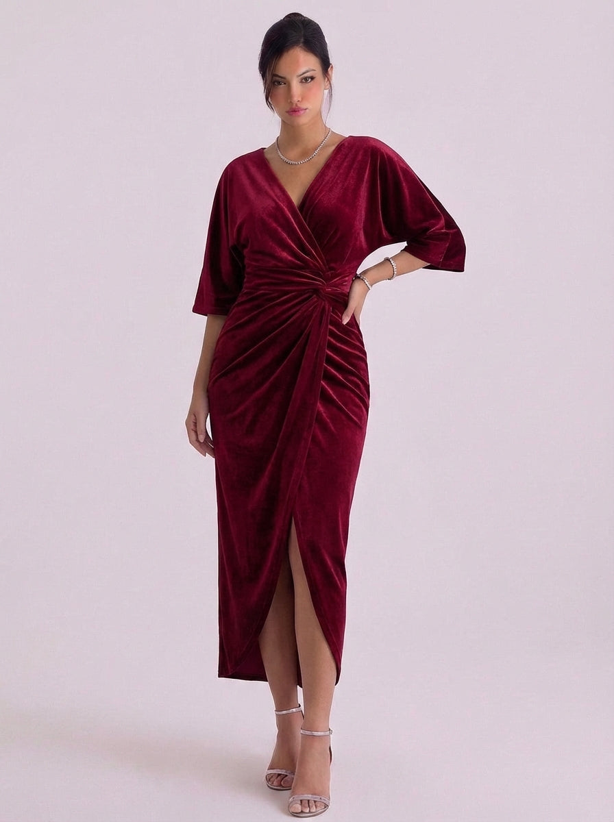 Clodagh | Velvet Wrap Midi Dress With Kimono