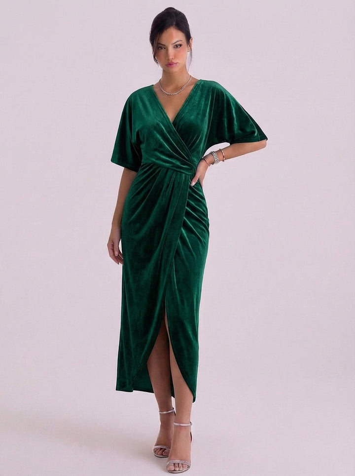 Clodagh | Velvet Wrap Midi Dress With Kimono