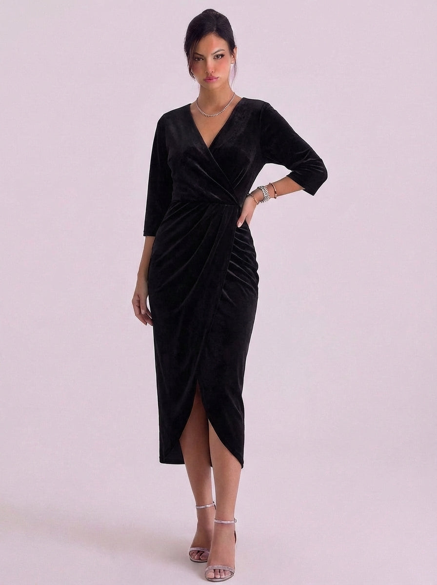 Clodagh | Velvet Wrap Midi Dress With Kimono