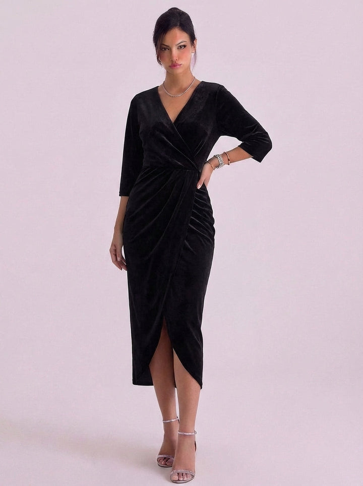 Clodagh | Velvet Wrap Midi Dress With Kimono