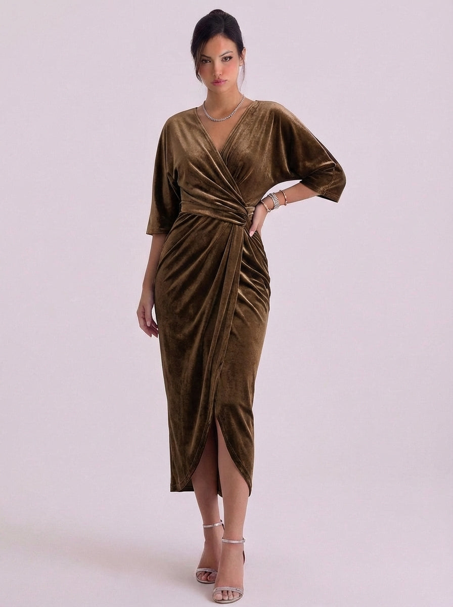 Clodagh | Velvet Wrap Midi Dress With Kimono