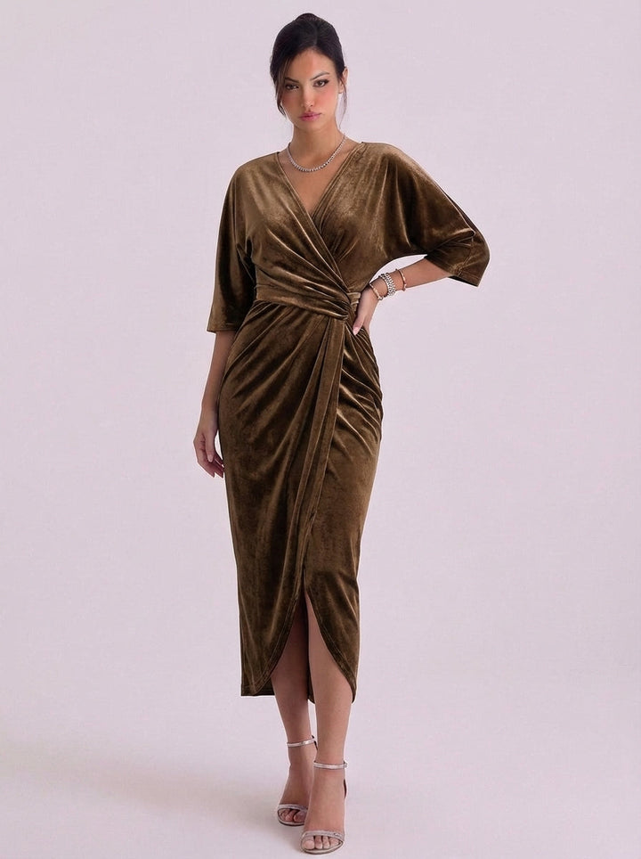 Clodagh | Velvet Wrap Midi Dress With Kimono