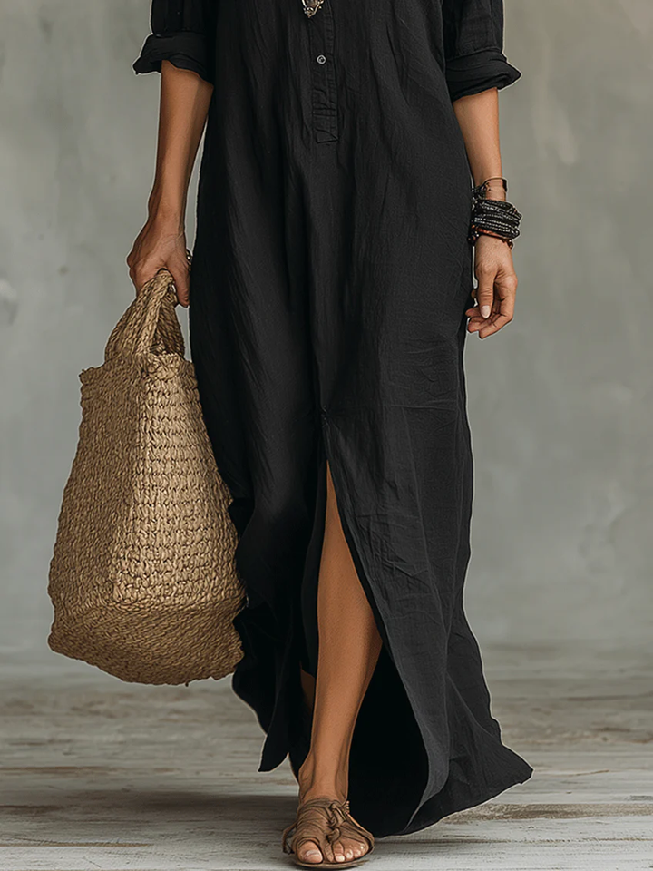 Soline | Oversized Black Maxi Dress with Buttons