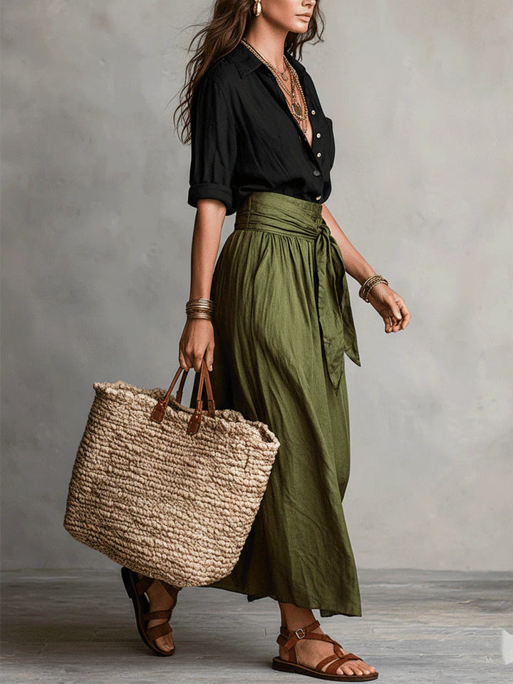 Vera | Two-Piece Set: Black Top and Olive Green Midi Skirt