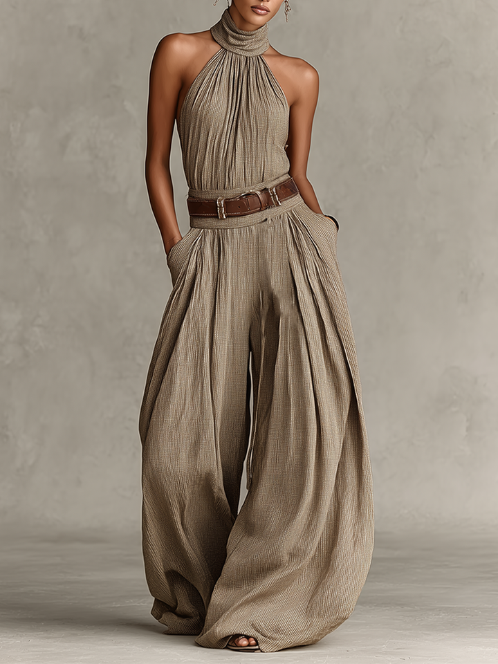 Bonnie | Taupe Cotton-Blend Jumpsuit Halter