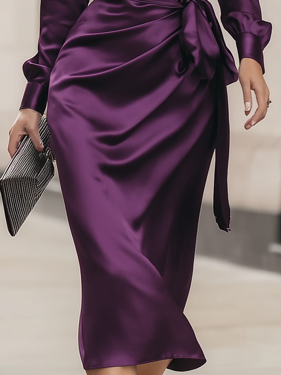 Jura | Deep Plum Satin Wrap Midi Dress