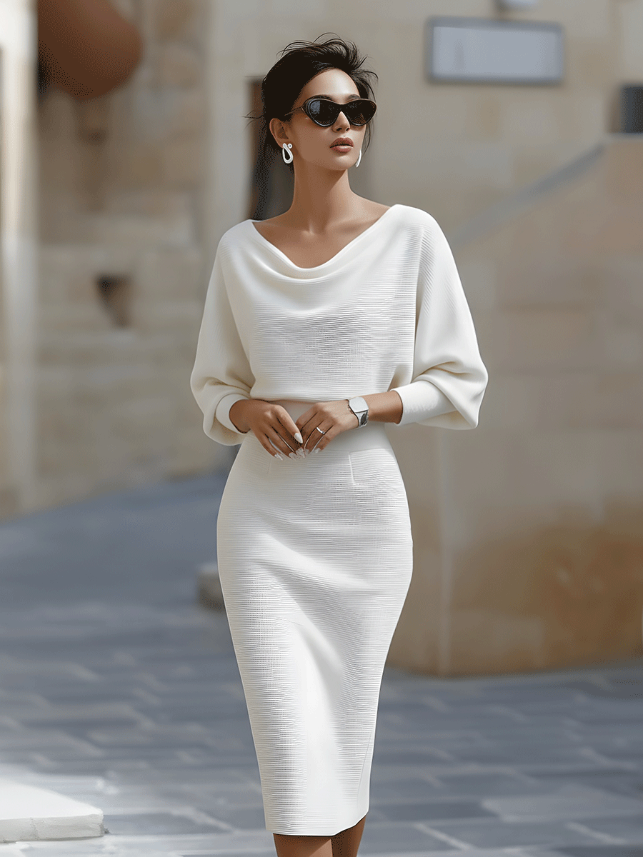 Ballachulish | White Draped Batwing Midi Dress